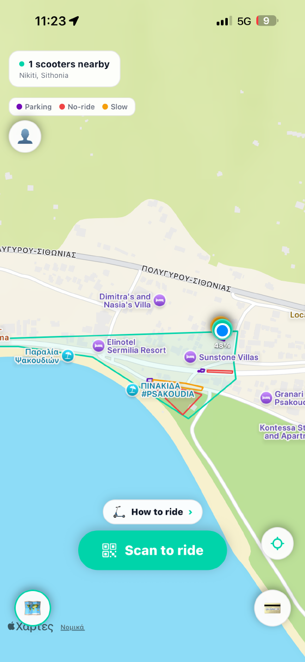 A Scootie scooter on the map at 48 percent battery, with parking and no-ride zones drawn over the coast